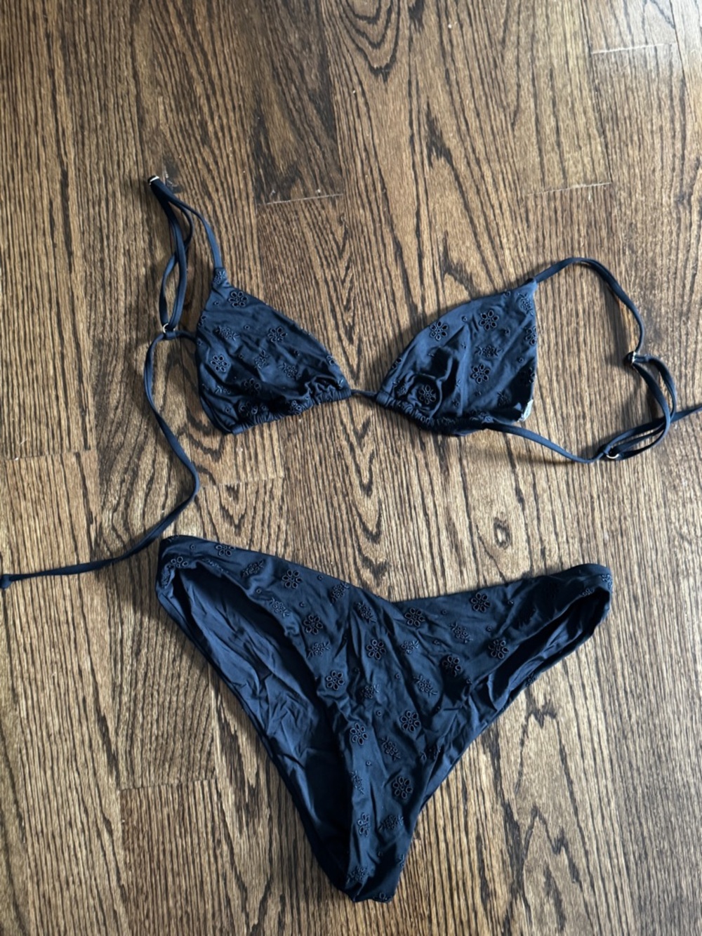 WeWoreWhat Black Eyelet Triangle Bikini Delilah bottom and Cooper top